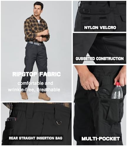 SPOSULEI Cargo Work Pants for Men Ripstop Tactical Pants Lightweight Water Resistant EDC Hiking Carpenter Hunting Pants with Multi Pockets Black 32Wx32L - 4