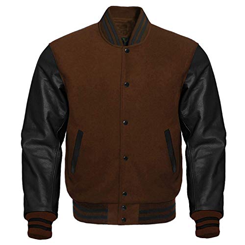Image of CHICAGO-FASHIONS Mens Varsity Jacket - Brown and Black School Teen College Letterman Bomber Jacket