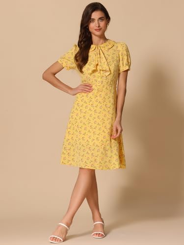 Image of Allegra K Women's Peter Pan Collar Tie Neck Short Sleeves A-Line Elegant Belted Vintage Floral Dress