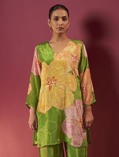 Image of Arangya Women's Pure Crepe Hand Work Co Ord Set for Women l Stylish Modern Kurta with Side Pocket Bottom l Family Gatherings