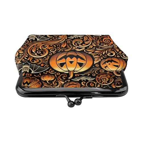 Pu Leather Buckle Coin Purse Holiday-Pumpkin-Bats-Swirls Girls Kiss-Lock Change Purse Wallets2