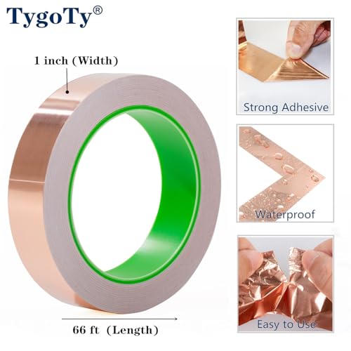 TygoTy Fita autoadesiva de folha de cobre de 1 polegada x 66 pés 100% cobre puro dupla face condutor