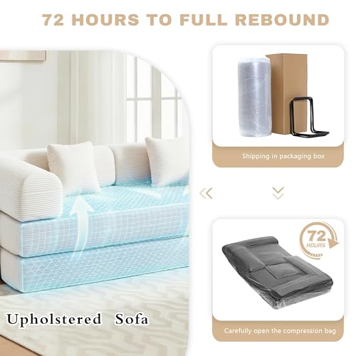 Image of 80 Inch Multi-Functional Convertible Sofa Bed, Fixed Shape Frame, High Density Foam with Corduroy, Easy Assembly, for Living Room and Bedroom. (Beige)