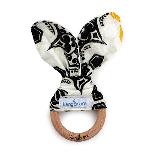 Image of Kanga Care Baby Soft Muslin Sensory Crinkle Bunny Ear Wood Teething Ring - Unity Bees