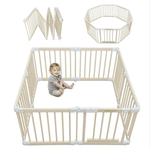 Foldable Wooden Playpen for Babies and Toddlers, Baby Play Pen with Gate, Portable Baby Fence Indoor Activity Center, Adjustable Size & Shape, 51
