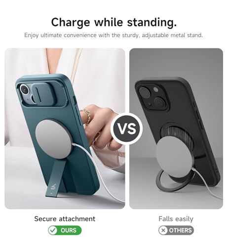Image of SURITCH for iPhone 14 Plus /15 Plus Case with Magnetic Camera Slide Cover and Adjustable Kickstand, Compatible with MagSafe, Shockproof Bumper Case Slim Protective Cover 6.7 Inch, Lake Green