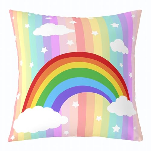 Homewish Cartoon Rainbow Throw Pillow Cover 22x22 Inch Colorful Stripes Cute Stars Clouds Cushion Cover for Kids Girls Teens White Clouds Hippie Dreamy Girly Cushion Case for Bed Couch Car