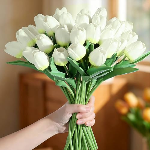 Image of 20Pcs Stems 13.5 Inch Light Green PU Artificial Moisturizing Tulips, Faux Tulips Flowers for Thanksgiving Christmas Decorations Wedding Home Table Vase Floral Arrangements