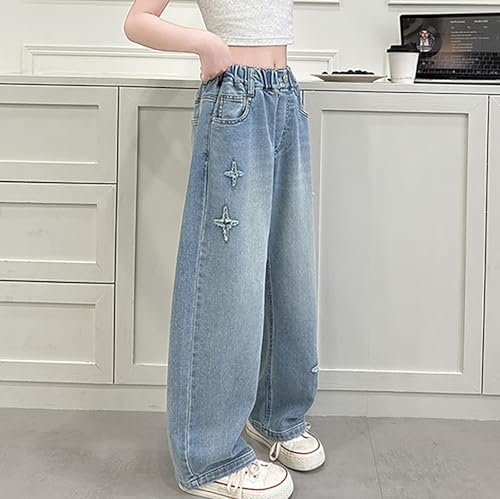 Girls Wide Leg Jeans Star Applique Straight Elastic Waist Baggy Pants 2025 Trendy Y2K Streetwear Teen Clothes3