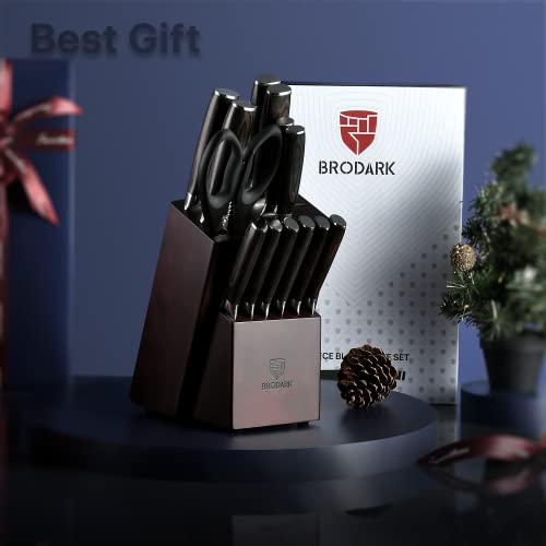 Brodark Kitchen Knife Set With Block, Food Grade 15 Pcs German Stainless Steel Professional Chef Knife Set With Knife Sharpener, Full Tang Knife Block Set, Best Gift #TOP1