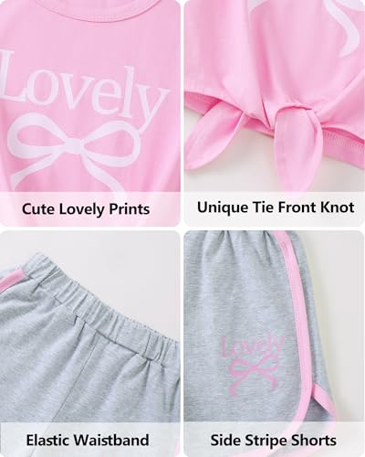 Image of Jecson Girls Summer Outfits 2Pcs Kids Clothes Girls Tie Knot Front Tops T-Shirts and Casual Short Sets 5-12Y