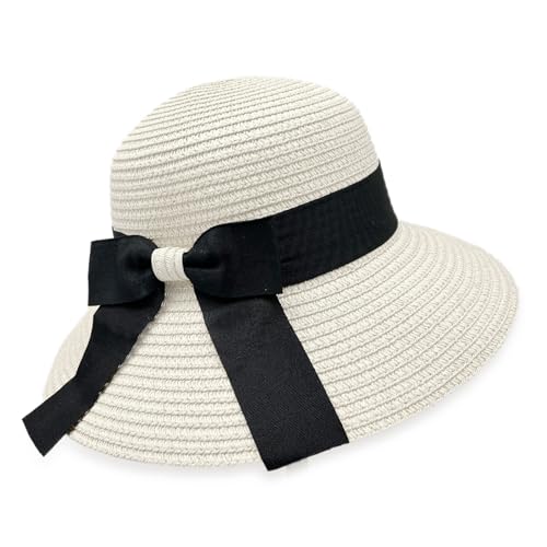 FUIPVGI Cappello da Sole da Donna Cappello da Spiaggia in Paglia a Tesa Larga, Protezione UV Cappello Estivo Pieghevole per Il Tempo Libero, Spiaggia, Viaggio (Bianco, 58cm)