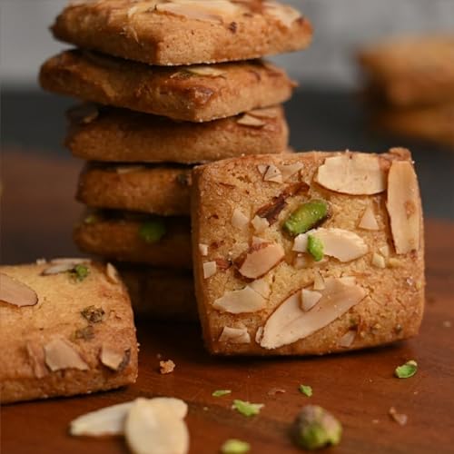 Image of HUNGRY TUMMY Badam Pista Cookies - Handmade Almond Pistachio Butter Cookies | Premium Dry Fruit Biscuits | Crispy, Rich & Nutty Delight | No Preservatives | Perfect Tea-Time Snack & Gifting (Pack of 250g)
