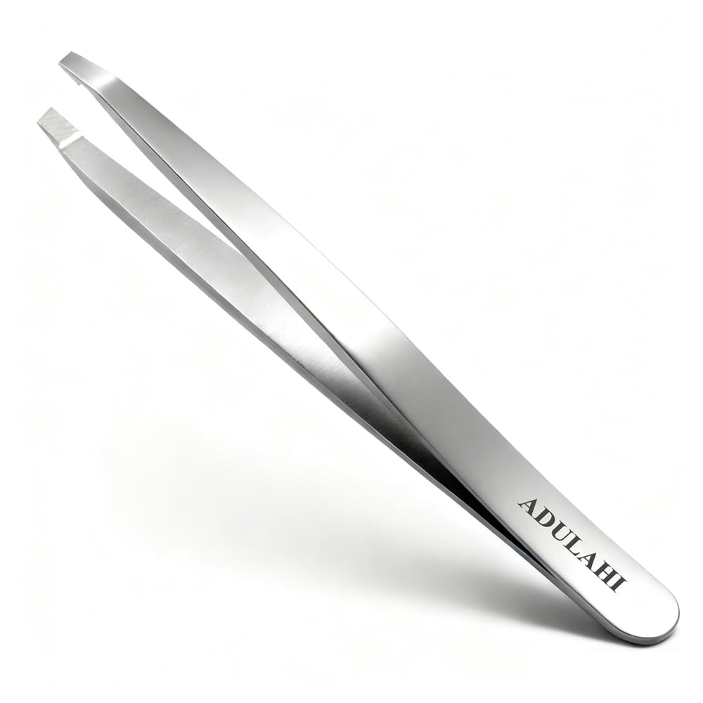 Professional Slant Tweezers for Eyebrows & Facial Hair - Precise Aligned Carbon Stainless Steel Remover with Storage Case(Pearl Silver)