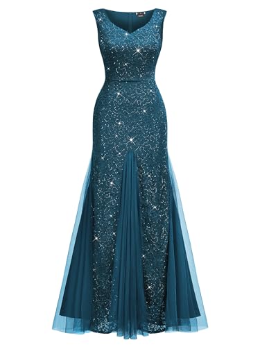 Image of Miusol Women's Elegant V Neck Sleeveless Sequin Lace Evening Party Dress