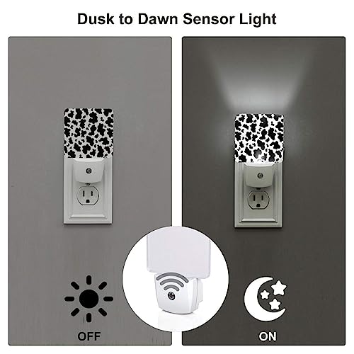Image of Black White Cow Print Night Light Set of 2, Auto Sensor LED Dusk-to-Dawn Nightlights, Plug-in Sensor Lamp for Bedroom Bathroom Kitchen Hallway Stairs Decorative