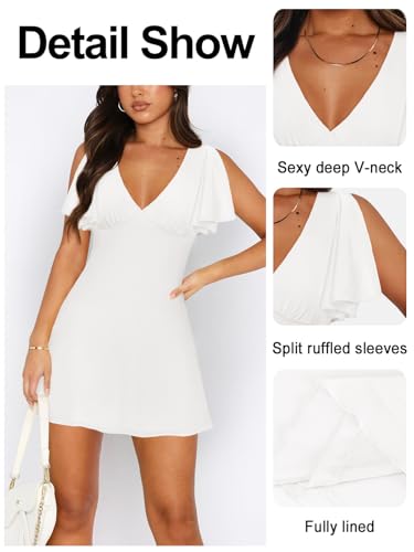 Image of MIYIEONZ Women's Sexy Deep V-Neck Ruffle Sleeve Mini Dresses Summer Casual Bodycon Beach Cocktail Party Club Short Dress