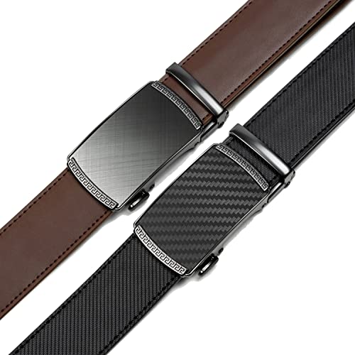 Image of 2 Pack Ratchet Belt 1 3 /8 inch, Mens leather Dress Belt in Gift Set Size 28 inch-62 inch Adjustable waist Trim to Fit