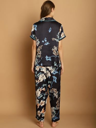 Image of Shararat Women's Satin Night Suit Shirt & Pyjama Set /Sleepwear /Lounge Night Wear /Night Dress, Blue