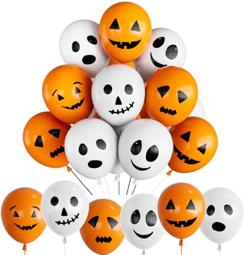 Adeyoo Halloween Balloons - 60Pcs Ghost Balloons Scary Pumpkin Balloon 12 Inches Orange and White Latex Balloon 6 Styles for Halloween Birthday Spooky Theme Party Decorations