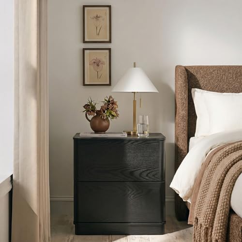 Image of Yechen Night Stand with 2 Push to Open Hidden Drawers Storage | 22'' Round Edges Bedside Table, Wooden Modern End Table, Mid Century Bedside Tbale for Bedroom, Curved Profile, Black