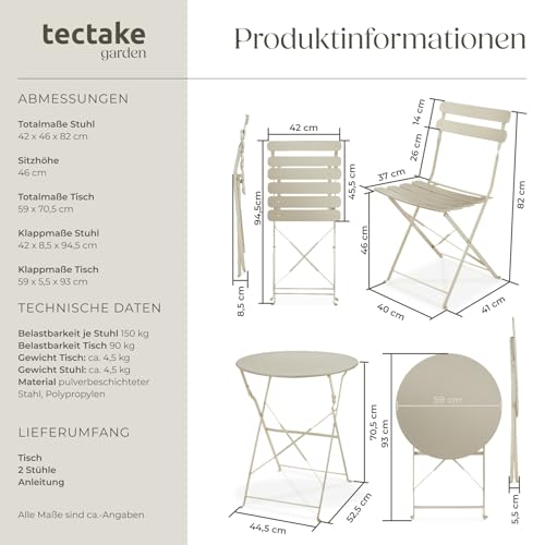 tectake® Gartenmöbel Bistro Set aus Gartentisch mit Stühlen, Balkonmöbel Kleiner Balkon, Klapptisch mit 2X Gartenstuhl, Outdoor Sitzgruppe mit Balkontisch, wetterfest für Garten, Balkon (Creme) 6