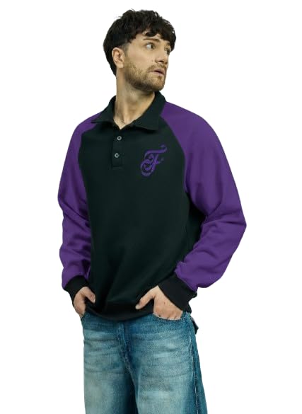 FUGAZEE Black & Purple Raglan Polo Sweatshirt | 300 GSM Soft Touch Cotton Fleece | Polo Neck with Button Placket | Contrast Raglan Sleeves, Embroidered Monogram