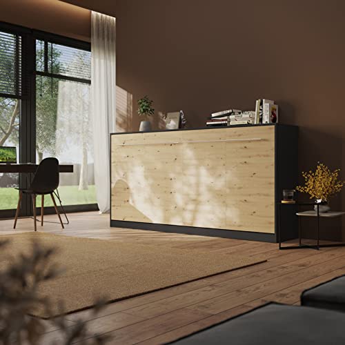 Schrankbett Standard 90x200 Horizontal Anthrazit/Wildeiche ausklappbares Wandbett, ideal geeignet als Wandklappbett fürs Gästezimmer, Büro, Wohnzimmer, Schlafzimmer, HL09