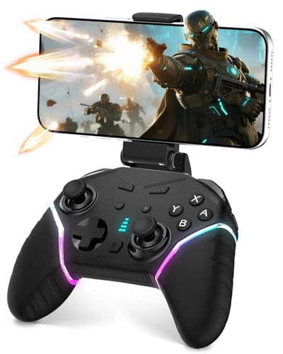 Mobile Gaming Controller for iPhone/iOS/Android/Switch/Laptop, Wired Control for PC/Steam, Wireless Phone Controller Gamepad with Programmable/Vibration/6-Axis Gyro/Turbo/RGB Light(with Phone Clip)