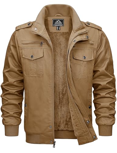 KEFITEVD Hombres Invierno Chaquetas de lana Chaqueta de Trabajo Cálido a Prueba de Viento Multi Bolsillos Abrigo,Caqui,3XL