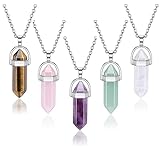 Jovivi 5Pcs Bulk Healing Crystal Necklaces, Natural Amethyst Rose Quartz Tiger Eye Clear Quartz Green Aventurine Chakra Crystal Hexagonal Prism Pointed Stone Gemstone Pendant Necklaces Quartz Reiki Jewelry for Women Men