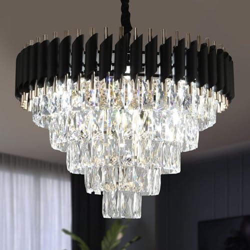 Image of Luxurious 600mm Black Gold Modern Chandelier with K9 Crystals | Warm White, Moonlight & Golden Light | Ceiling Hanging Light for Living Room, Dining Room, Bedroom, Hallway