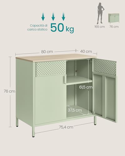 SONGMICS Mobiletto Contenitore, Credenza in Metallo, Doppia Anta con Chiusura Magnetica, Ripiani Regolabili, Struttura in Acciaio, 40 x 80 x 76 cm, Verde Alloro e Rovere Naturale LSC102C01 - Immagine 2