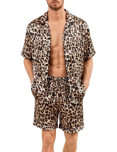 Image of SWOMOG Men Silk Pajama Set Short Sleeve Satin PJs Sets 2 Piece Button Down Sleepwear Soft Summer Loungewear with Pockets