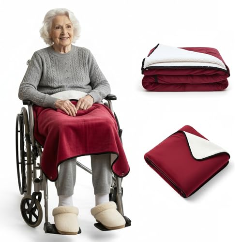 IHEALTHCOMFORT Wheelchair Lap Blanket for Seniors 43 * 28 Soft Sherpa Lined Knee & Lap Cover Warm Lightweight Throw with Snap Buttons Cozy Comfort for Elderly & Caregivers Wine Red
