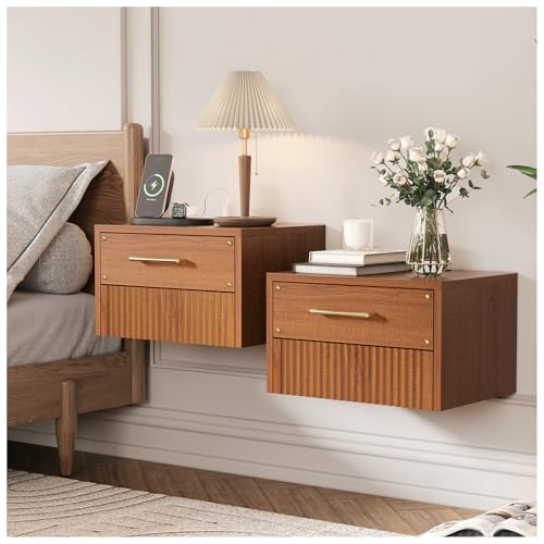 JOINICE Floating Nightstand Set of 2, Mid Century Modern Wall Mounted Bedside Table with Charging Station, Fluted End Table with Storage Drawers for Bedroom, Home Small Space, Cherry, 2 PCS
