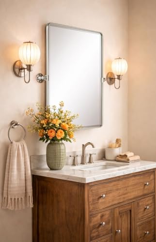 Image of Farmhouse Pivot Rectangle Bathroom Mirror Chrome Metal Framed Tilting Beveled Vanity Mirrors for Wall, Overall 27.91x 30 inches (Mirrror 24 x 30 inches)