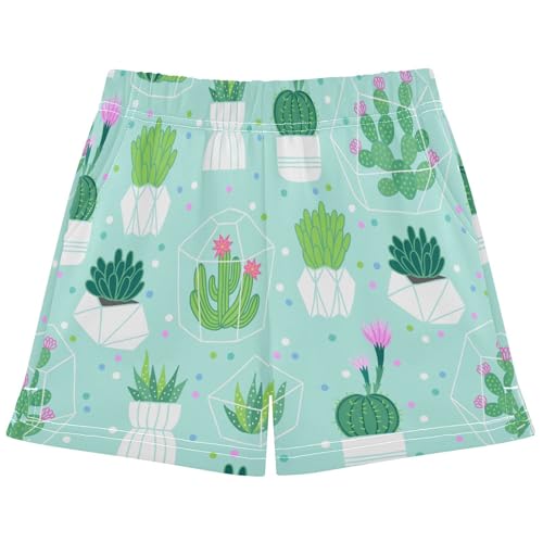 pnyoin Girl's Shorts Cute Succulent Cactus Athletic Running Shorts with Pockets Size 14-15t Multi