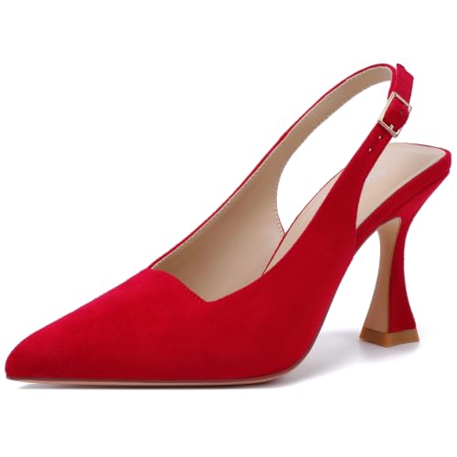 Image of Susanny Slingback Kitten Heels Elegant Dressy Pumps for Women Closed Pointy Toe Sexy Chunky High Heels Wedding Bride Prom Party Dress Shoes