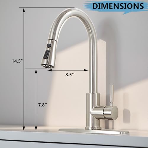 VESLA HOME High Arc Single Handle Brushed Nickel Kitchen Faucet with Pull Down Sprayer,Single Level Stainless Steel Kitchen Sink Faucet,Commercial Modern Pullout Faucet for Kitchen Sink - Thumbnail 6
