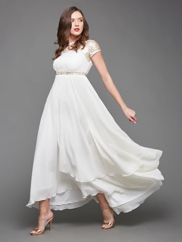 Image of Miss Chase Women's Round Neck Sleeve Embellished Fit Flare Maxi Dress