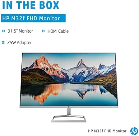 HP M32f Ultraslim Monitor 31.5 Inch, Full HD 1080p, 7ms Response Time, 2x HDMI, 1x VGA, Anti Glare, Blue Light Filter, Flicker Free, HP Eye Ease with Eye Safe Certification, Silver and Black