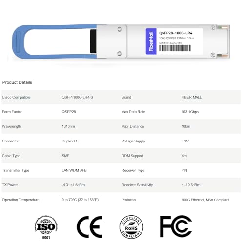 Image of Fiber Mall 100G QSFP28 100GBASE-LR4 Optical Transceiver Module 1310nm 10km LC SMF DOM for Cisco QSFP-100G-LR4-S