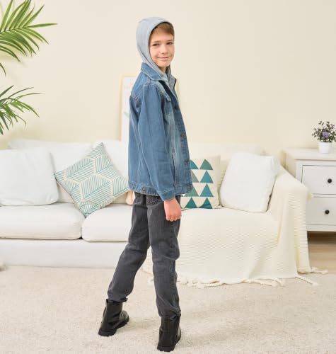 Image of Mallimoda Kids Boys Girls Hooded Denim Jacket | Jean Jacket for Boys Girls, Lightweight Coat with Hood, Zip Up Casual Outerwear, Spring Fall Fashion Clothes, Outdoor Wear