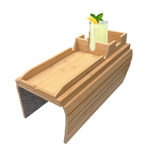 Tablette en Bois pour Accoudoir avec Plateau Magnétique Amovible, Porte-Gobelet et Fente pour Téléphone – Organisateur Multifonction pour Salon, Canapé...