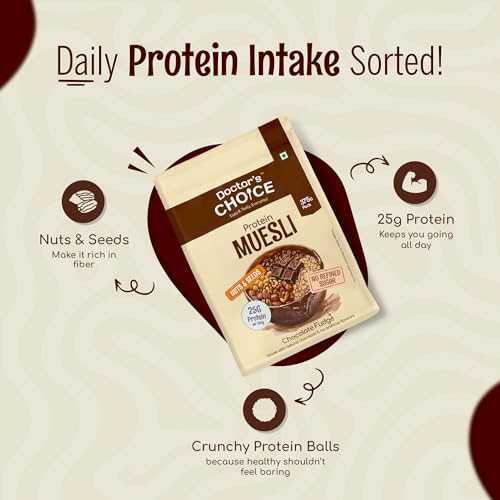 Image of DC DOCTORS CHOICE High Protein Multigrain Muesli - 22 G Protein,No Maida,No Palm Oil,Jaggery Sweetened Fiber-Rich,Preservative-Free,Healthy Crunchy Treat(375 G,Dark Choco Berry Muesli)