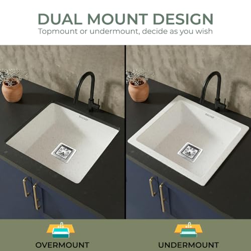 Image of BASINQU Quartz Sink for Kitchen | 18x16x9 Inches Rosa Single Bowl Kitchen Sink | Granite UV Protected, Granite Scratch Resistant, Undermount /Topmount