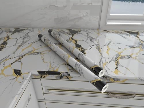 Image of VOOY Self-Adhesive Kitchen Wallpaper, PVC 3D Wall Sticker Oil Proof & Waterproof, Kitchen Backsplash Stickers Wallpaper Navy Blue and Golden Marble Pattern (60cm x 200cm) (Pack of 2) (TS-79)
