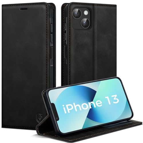 AIMOYU Handyhülle für iPhone 13 Hülle Premium PU Leder Klapphülle Schutzhülle Tasche Magnet Kartenfach Standfunktion Flip Case Hülle für iPhone 13 Schwarz