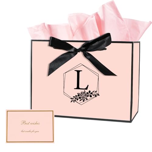 Initial Gift Bag, Personalised Gift Bag, Medium Birthday Gifts Bags with Tissue Paper and Card, Bowknot Birthday Bags, for Anniversary, Wedding, Personalised Gifts for Women (Pink L)
